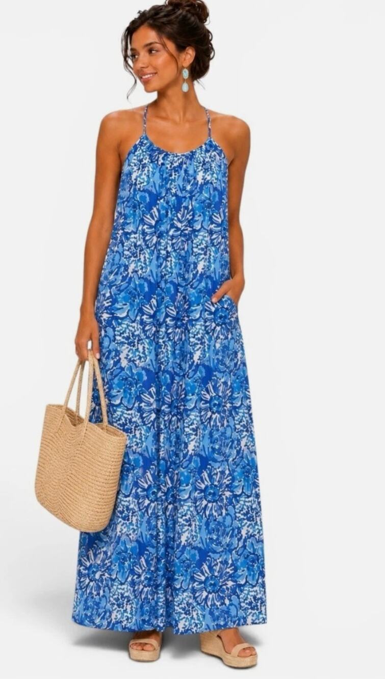 Fitzroy & Willa Christina Blue Floral Halter Maxi Dress Size Medium New Cotton